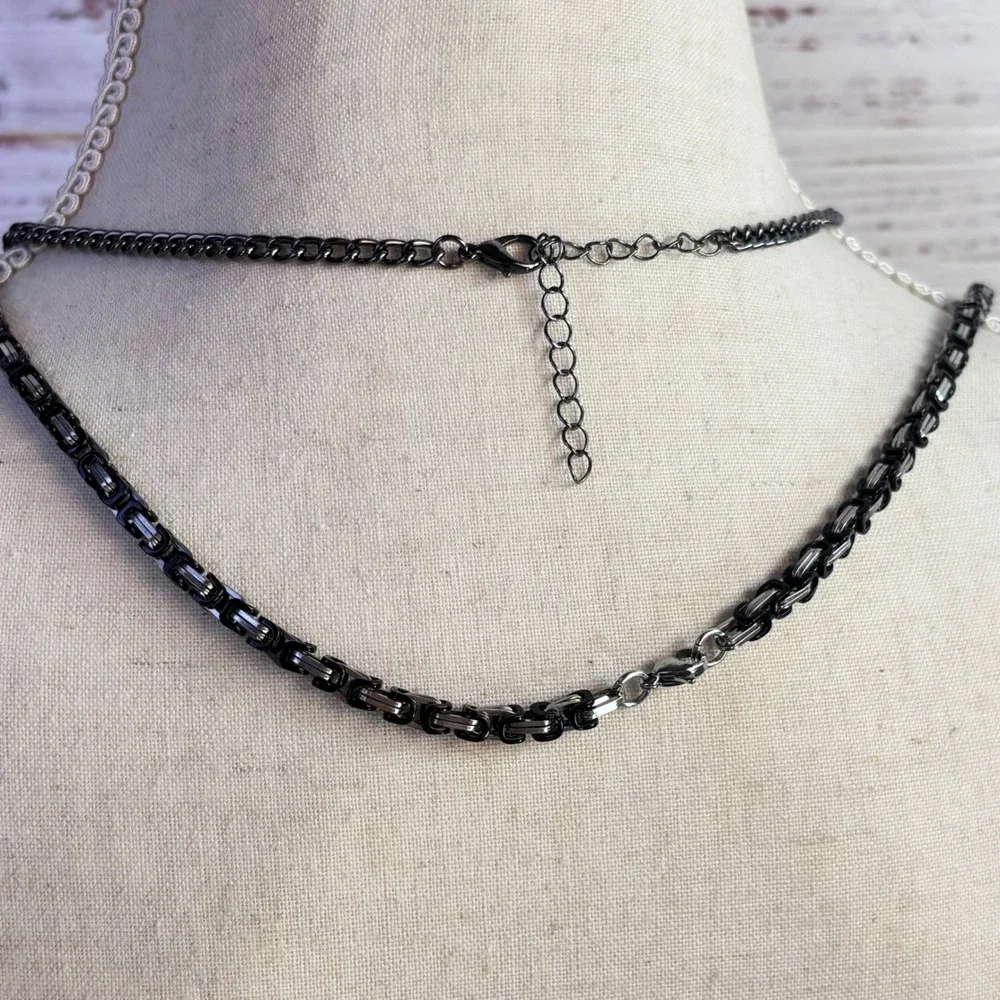 Goth Grunge Vintage Bib Necklace Set Purple Gunmetal Metal Beads Witchy Alt